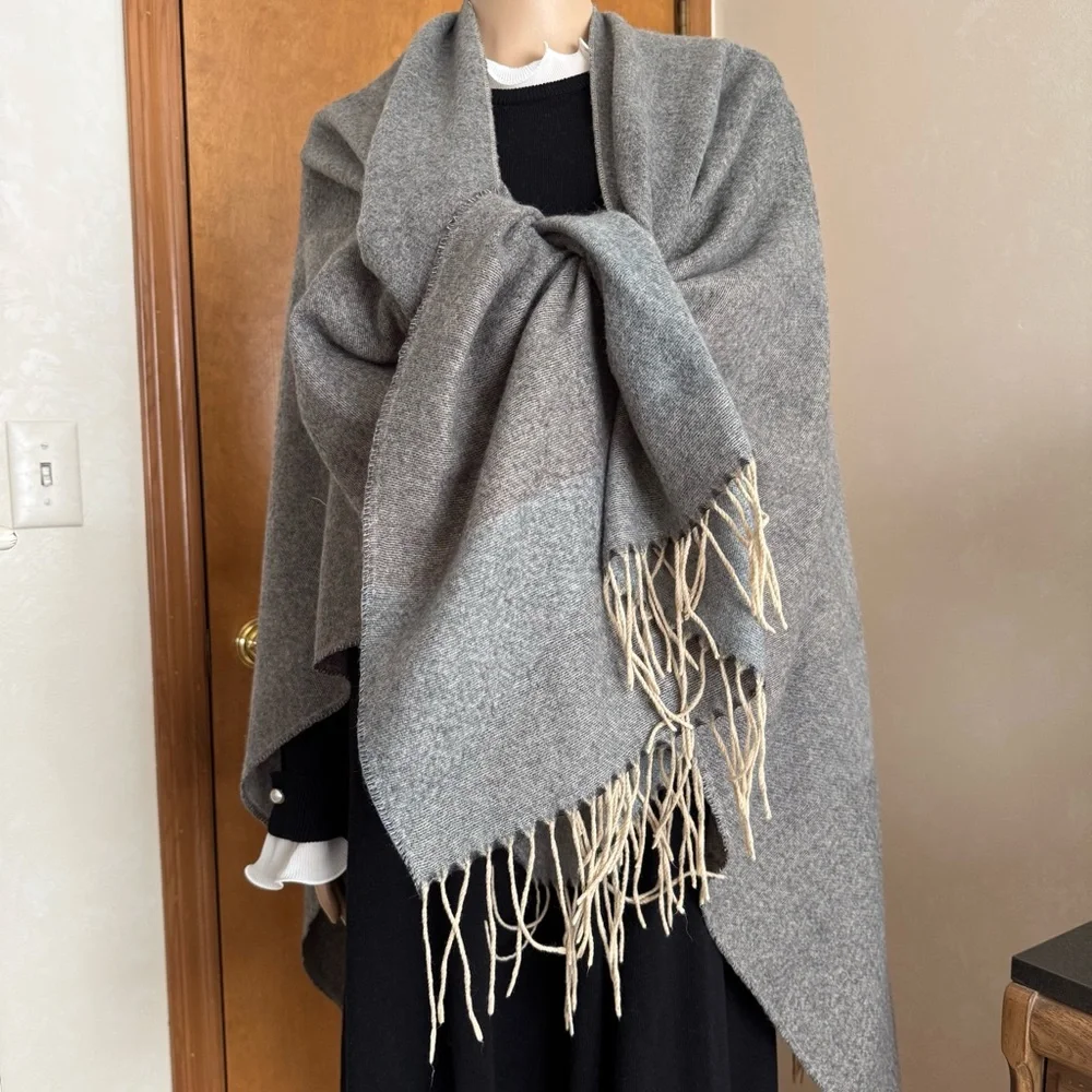 Macy's Gray Cream Blanket Scarf Cape with Fringe
